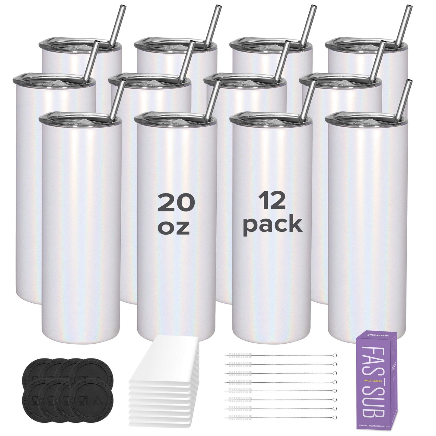 20 oz Skinny Holographic Sublimation Tumblers White | 12 Pack