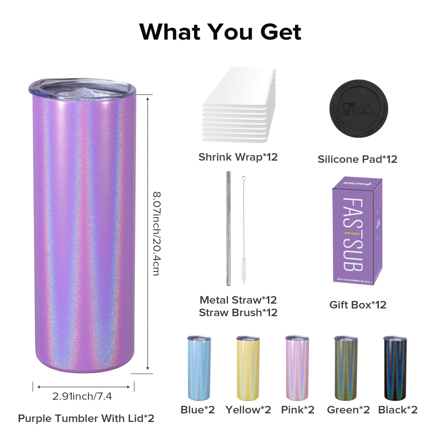 20 oz Glitter Color Sublimation Tumbler Blanks | 12 Pack
