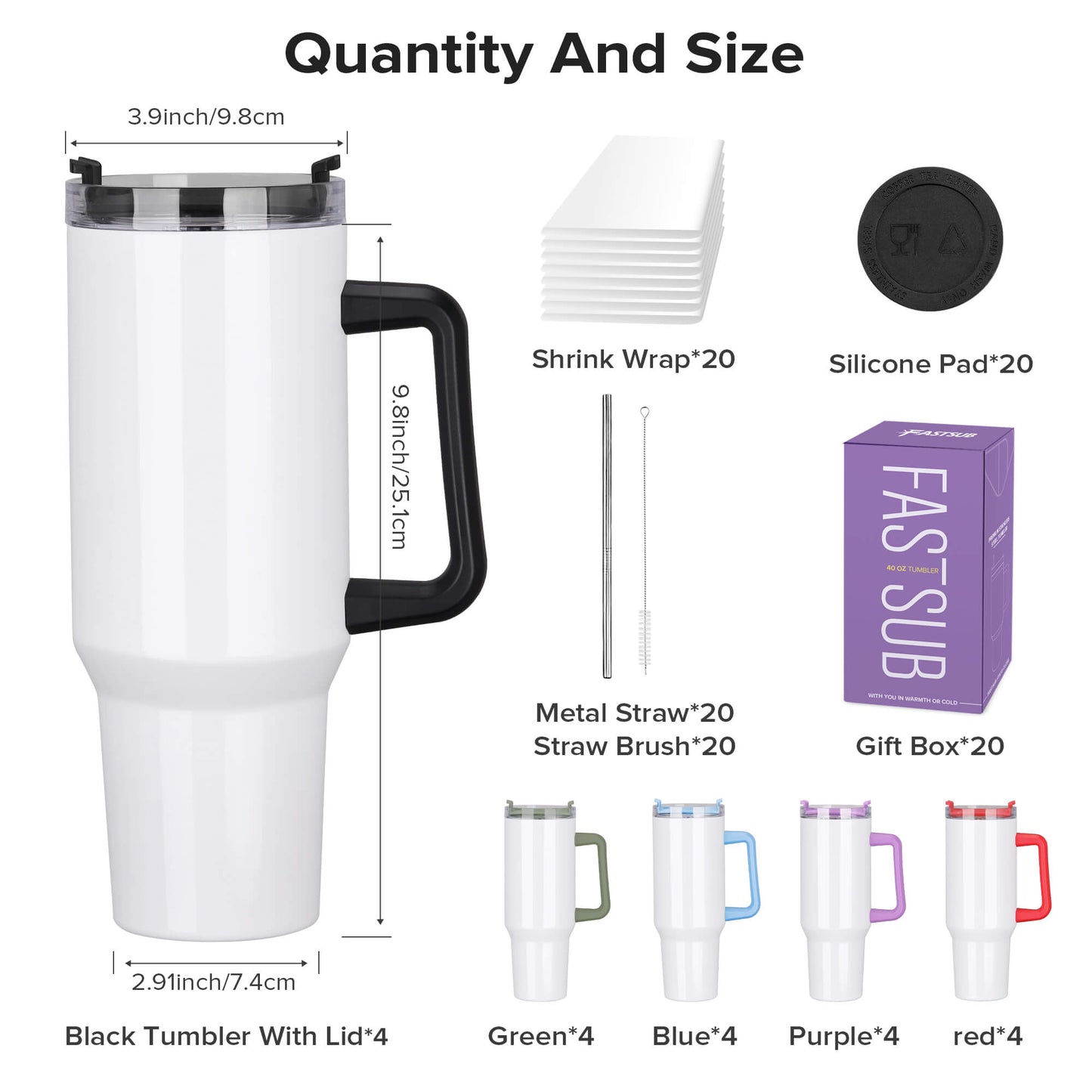 40 oz Sublimation Tumbler with Handle Bulk | 20 Pack