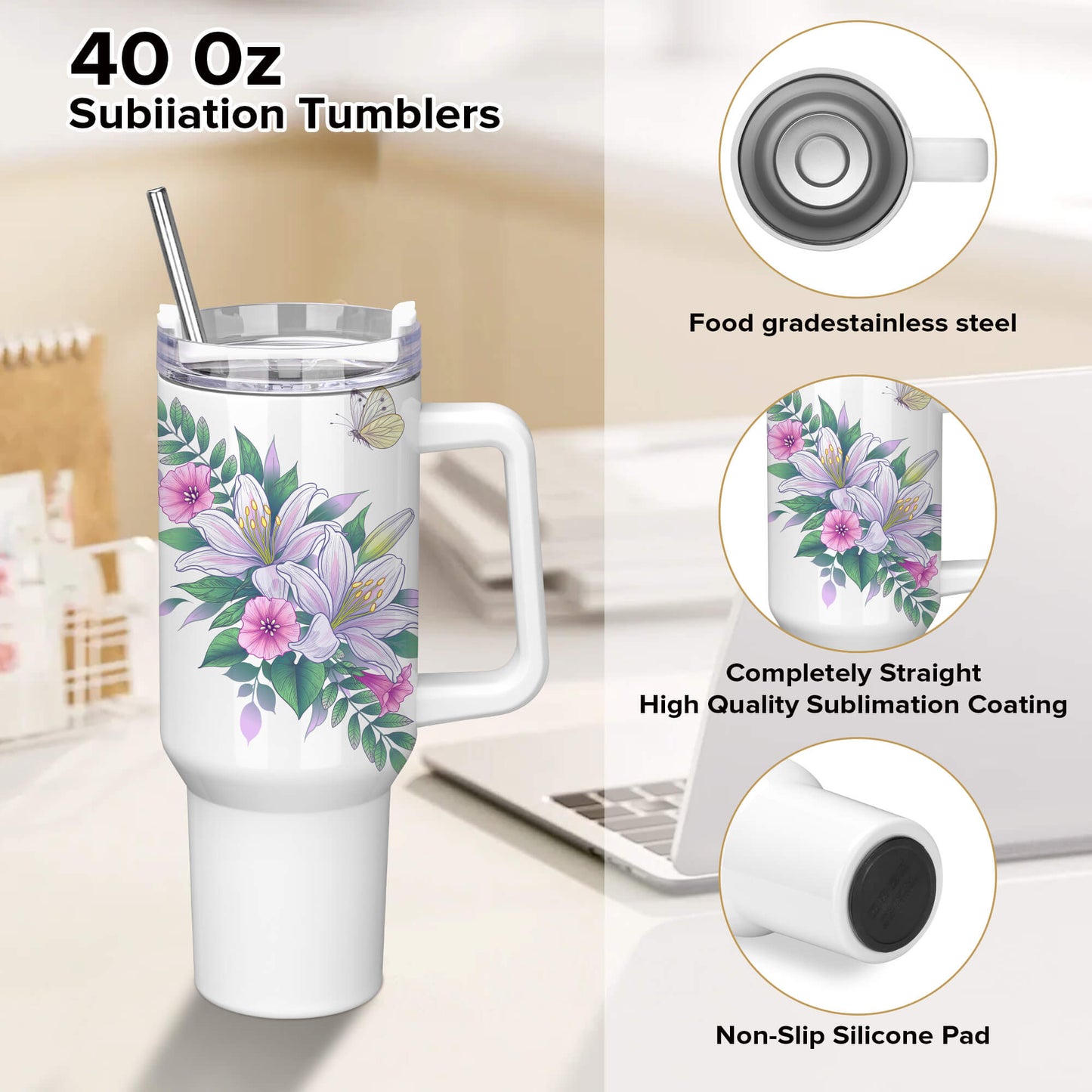 40 oz Sublimation Tumbler with White Handle | 12 Pack