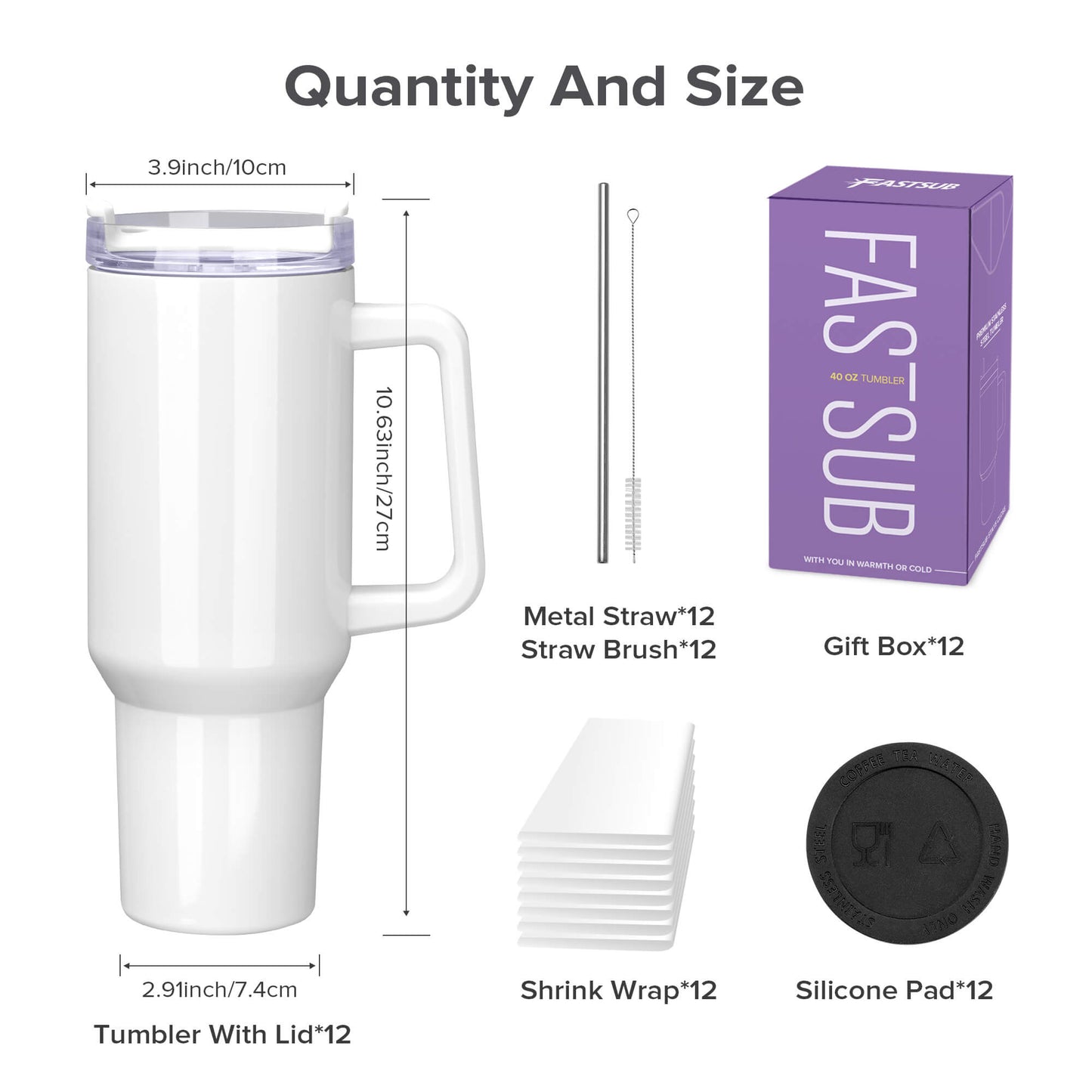 40 oz Sublimation Tumbler with White Handle | 12 Pack
