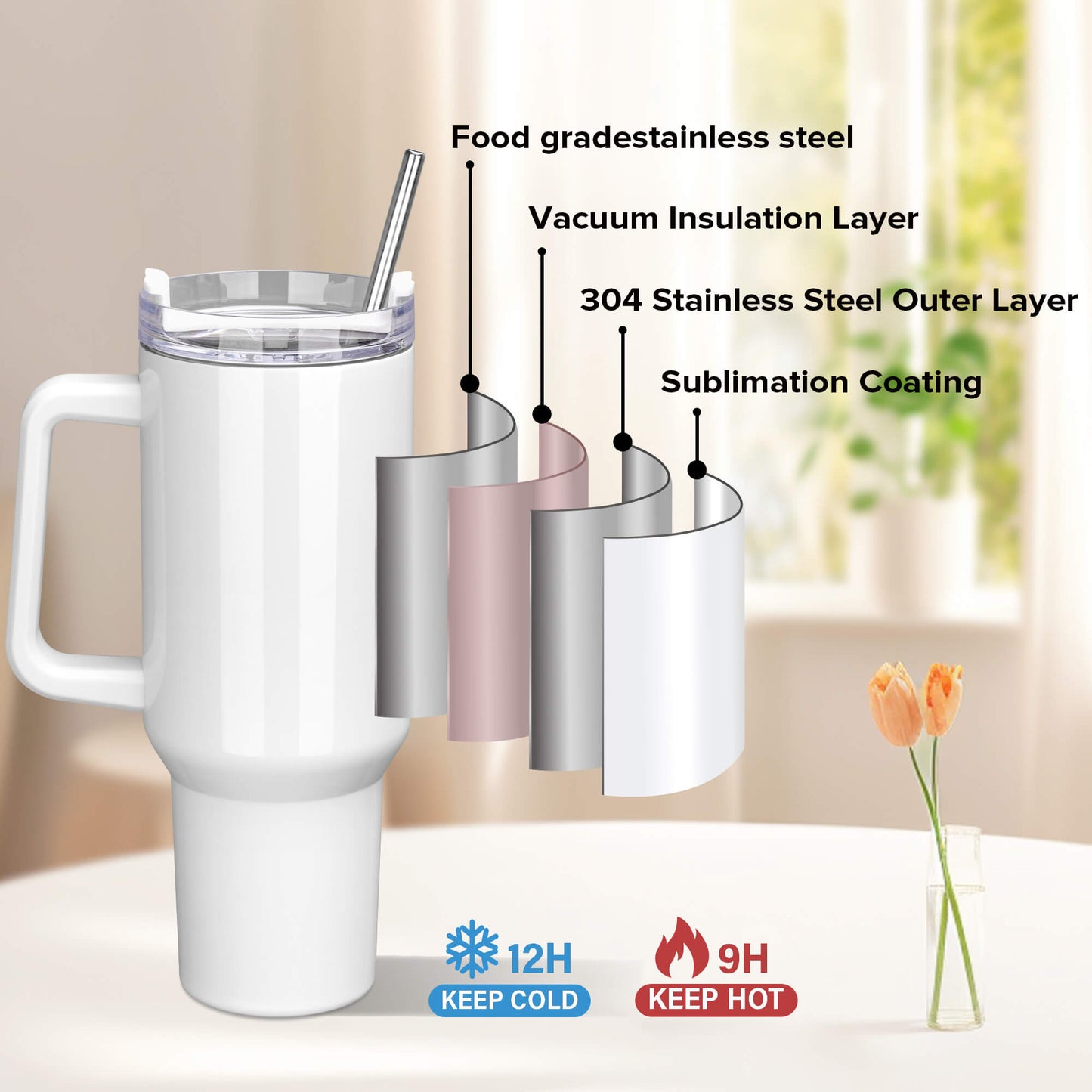 40 oz Sublimation Tumbler with White Handle | 12 Pack