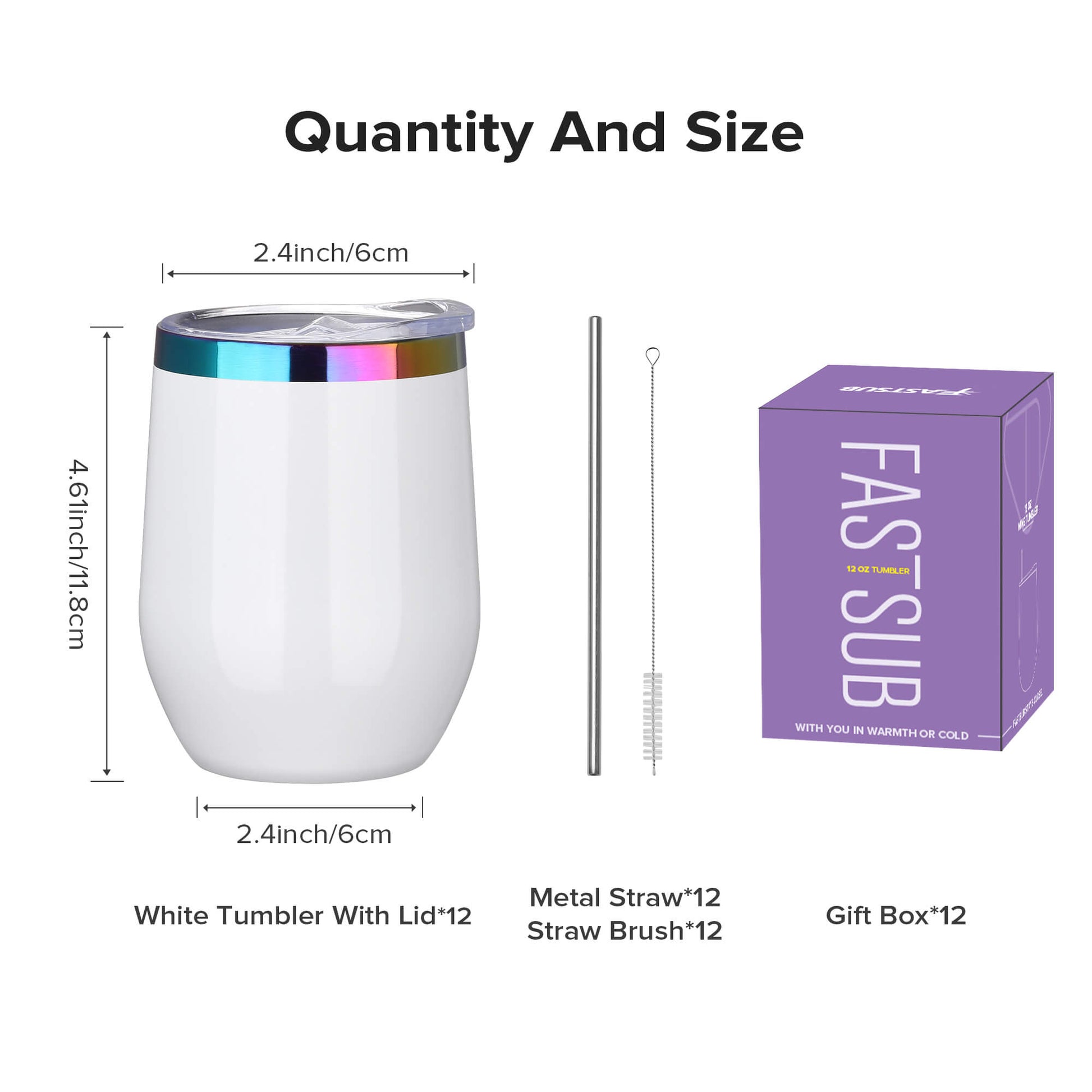 12 oz Stainless Steel Wine Tumbler Rainbow Plated - White | 12 Pack - FASTSUB