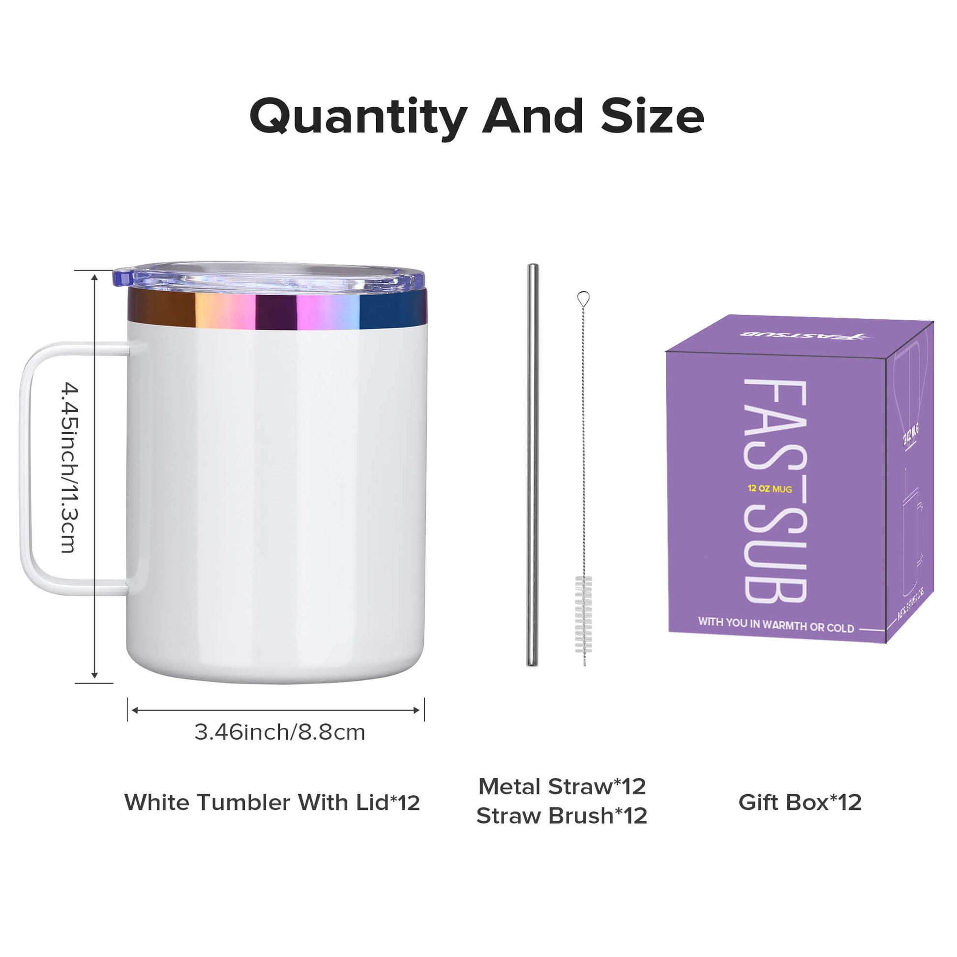 12 oz Stainless Steel Mug Rainbow Plated - White | 12 Pack - FASTSUB