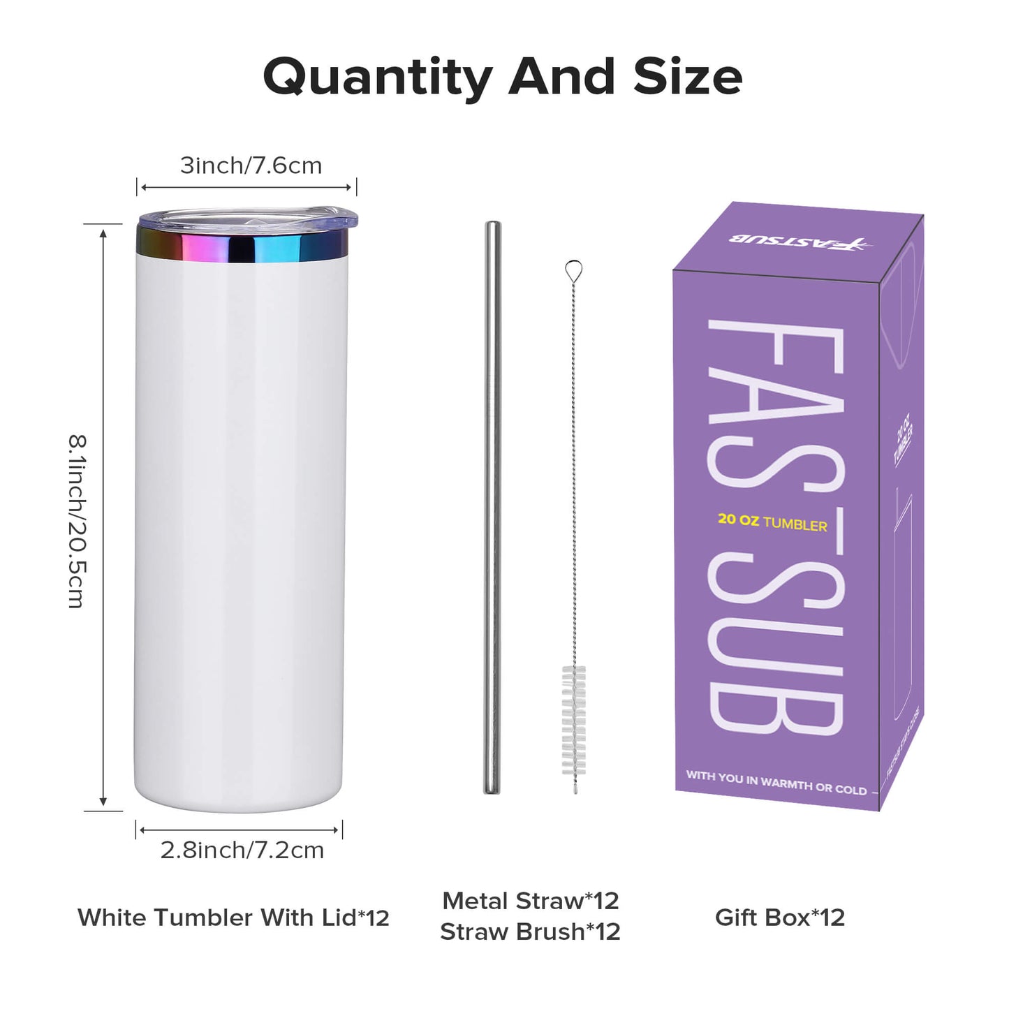 20 oz Glossy Coated Skinny Straight Tumbler - White | 12 Pack