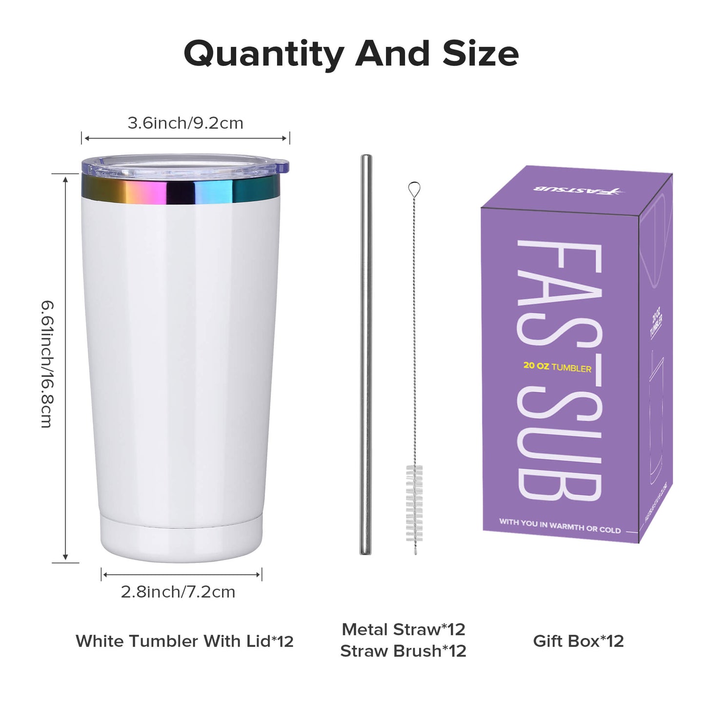 20 oz Stainless Steel Tumbler Rainbow Plated - White | 12 Pack - FASTSUB