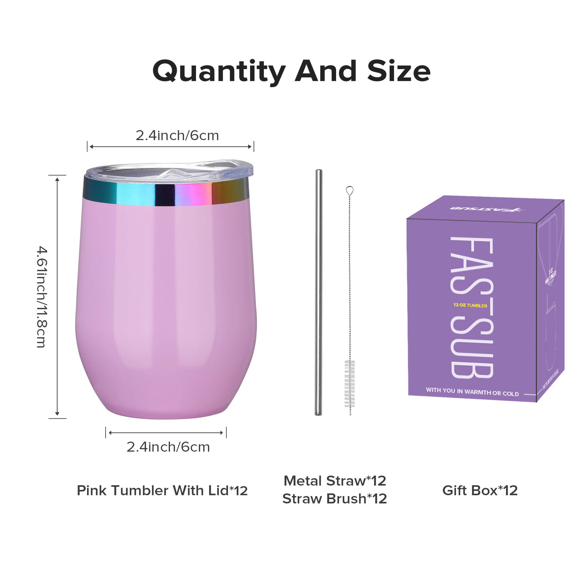 12 oz Stainless Steel Wine Tumbler Rainbow Plated - Pink | 12 Pack - FASTSUB