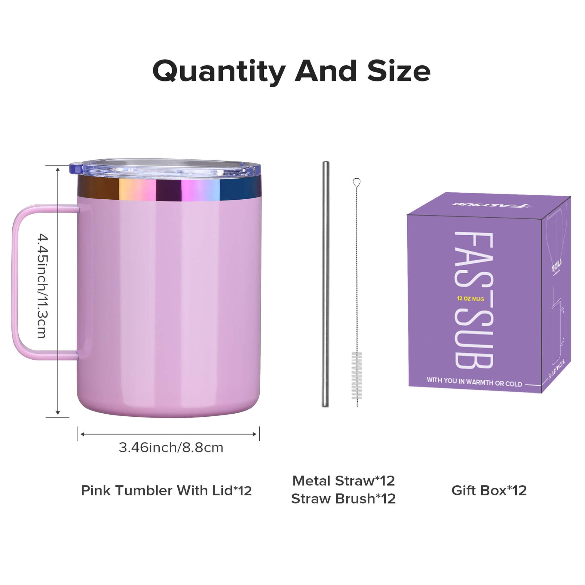 12 oz Stainless Steel Mug Rainbow Plated - Pink | 12 Pack - FASTSUB