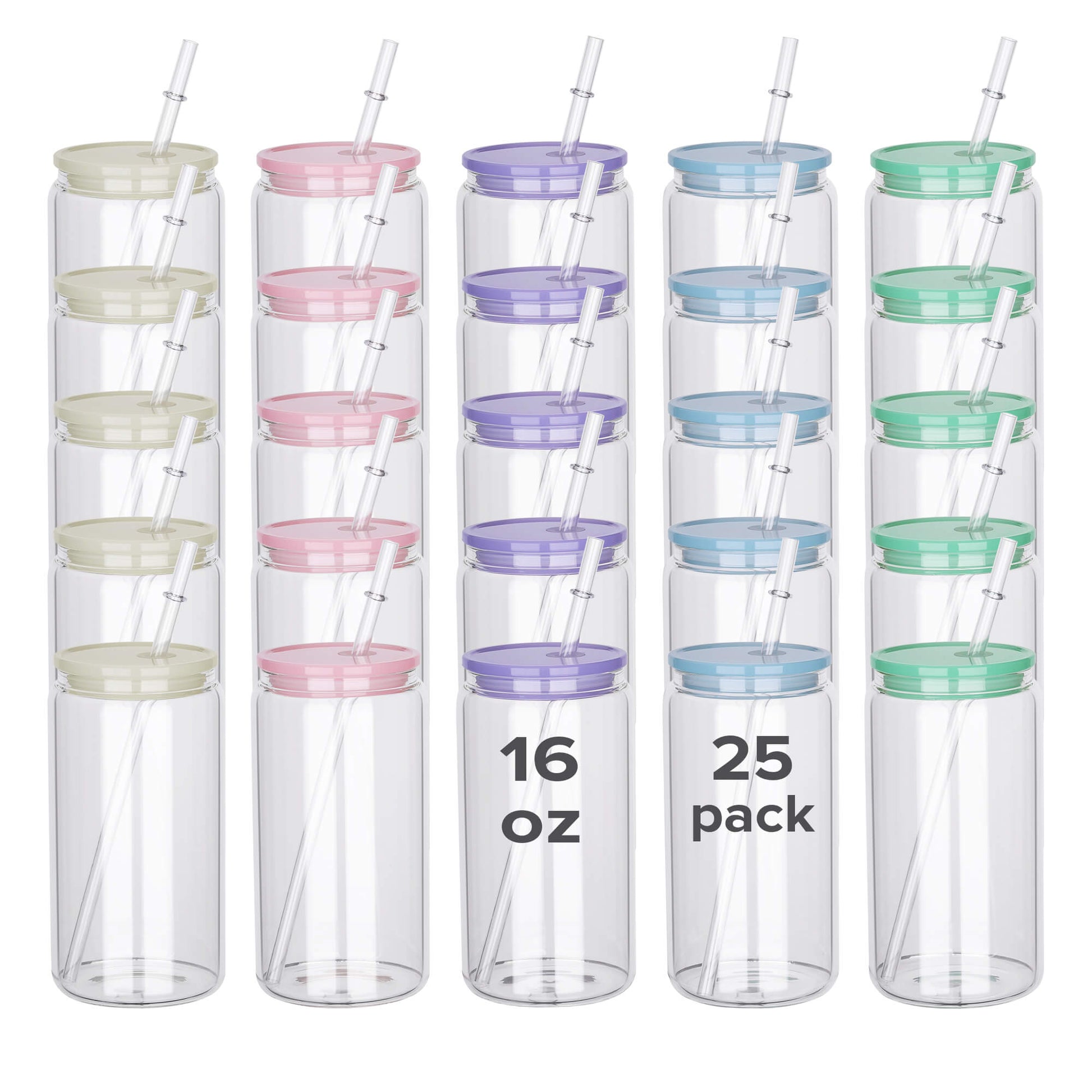 16oz Clear Glass Sublimation Tumbler - Color Plastic Lid | 25 Pack - FASTSUB