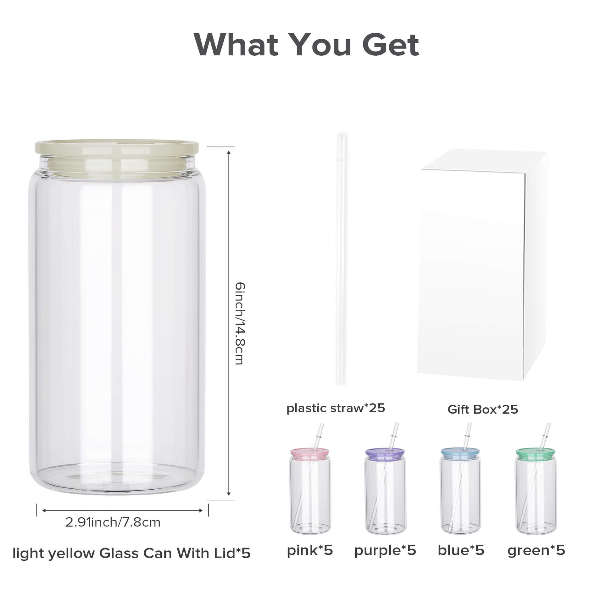16oz Clear Glass Sublimation Tumbler - Color Plastic Lid | 25 Pack - FASTSUB