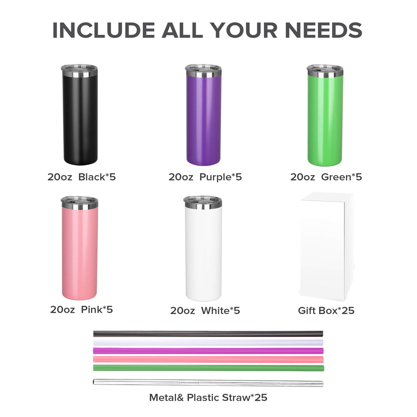 20 oz Powder Coated Skinny Tumbler - Sliver Color Plated | 25 Pack - FASTSUB