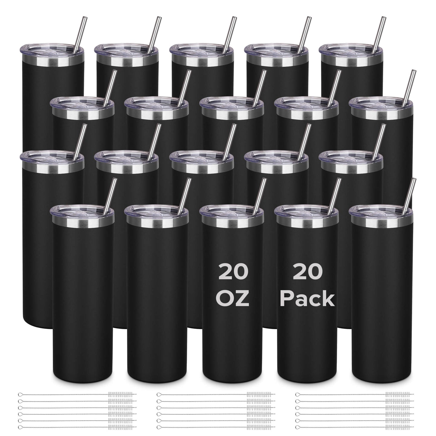 20 oz Powder Coated Skinny Tumbler - Black | 20 Pack