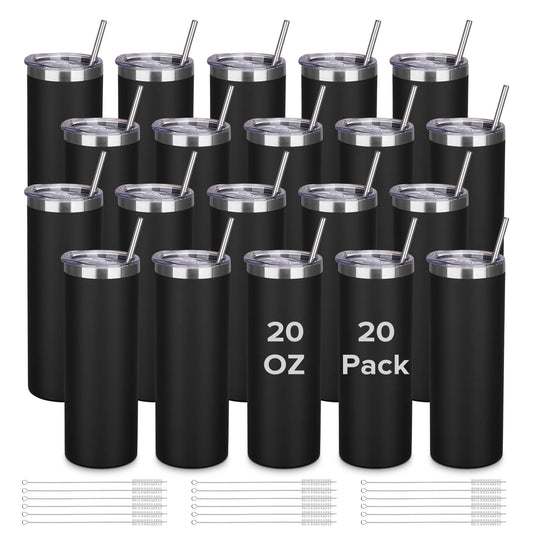 20 oz Powder Coated Skinny Tumbler - Black | 20 Pack