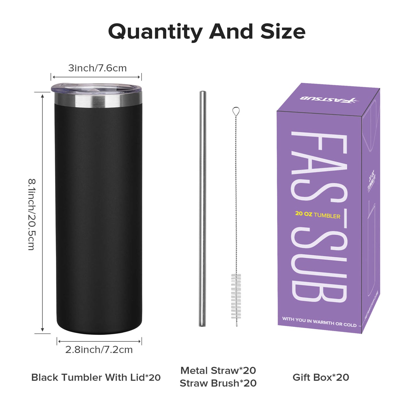 20 oz Powder Coated Skinny Tumbler - Black | 20 Pack