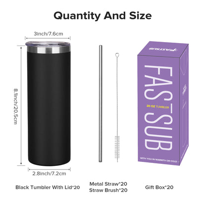20 oz Powder Coated Skinny Tumbler - Black | 20 Pack