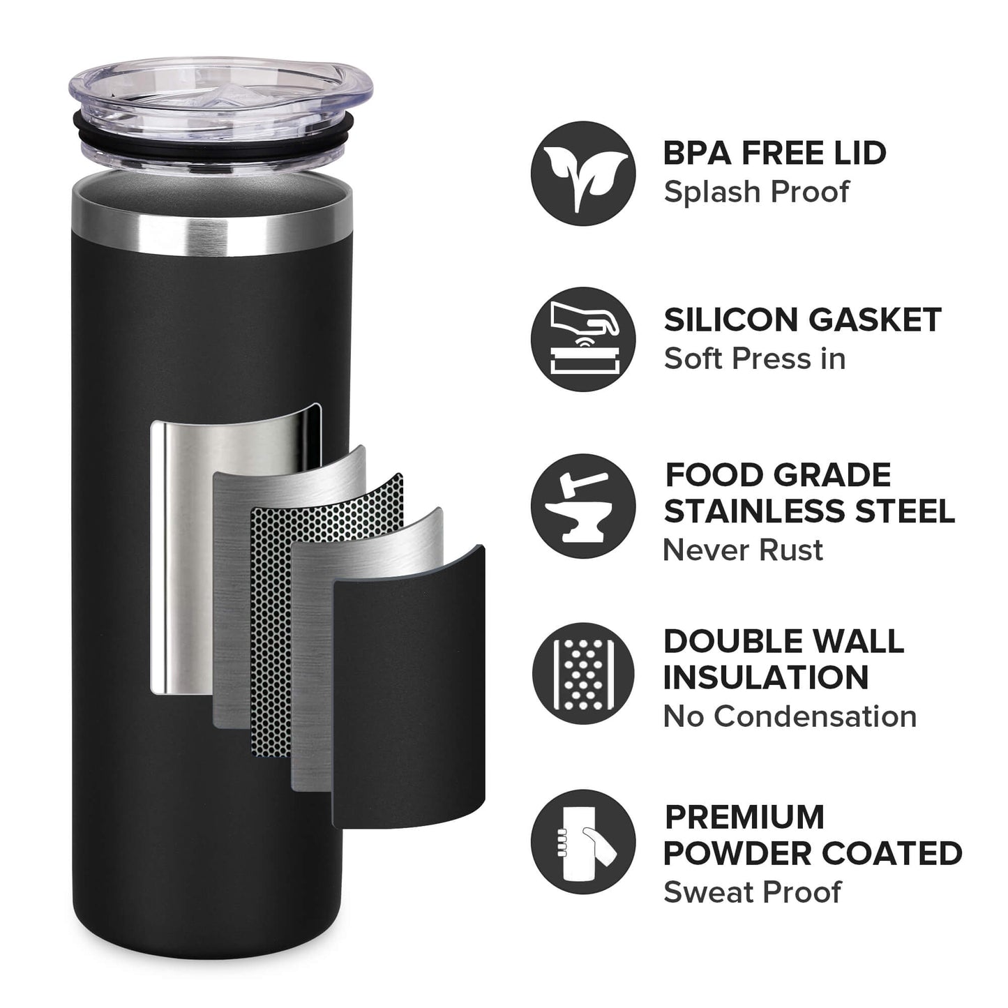 20 oz Powder Coated Skinny Tumbler - Black | 20 Pack