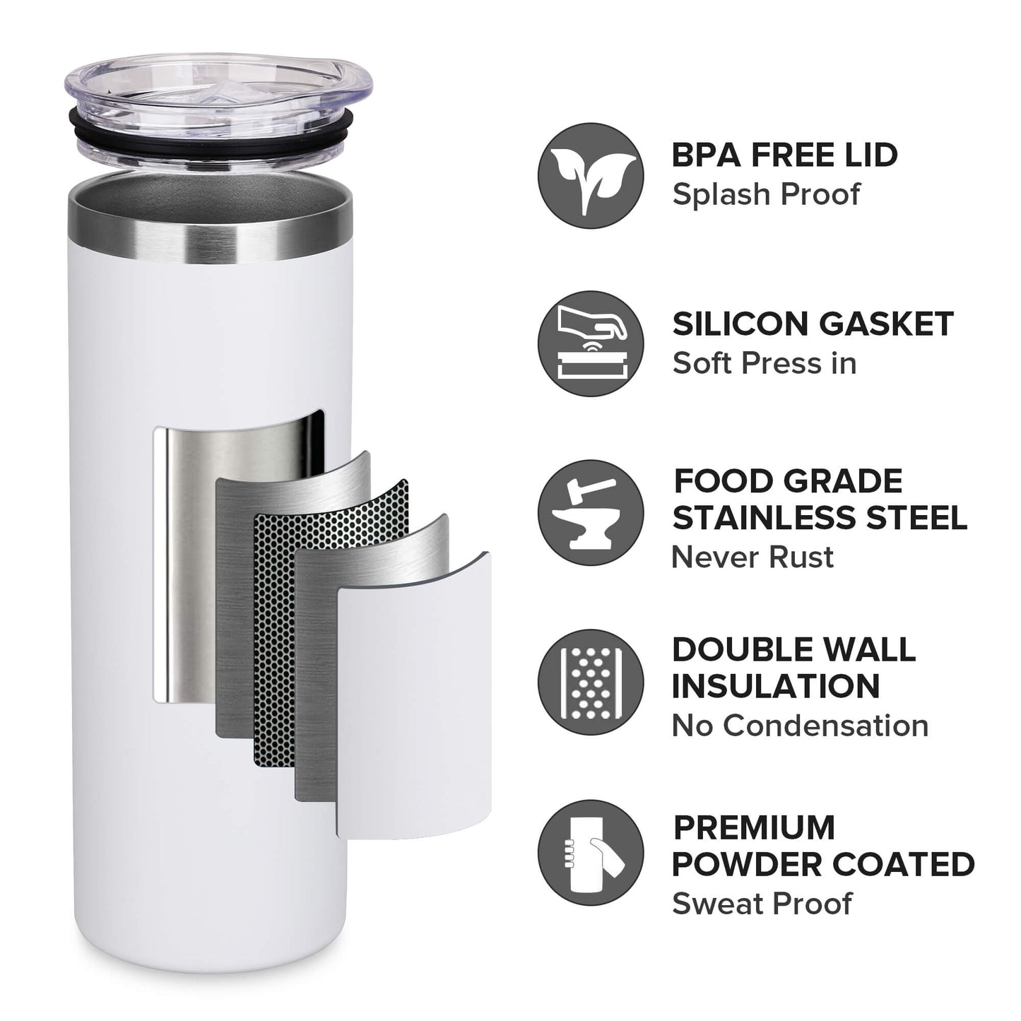 20 oz Powder Coated Skinny Tumbler - White | 20 Pack
