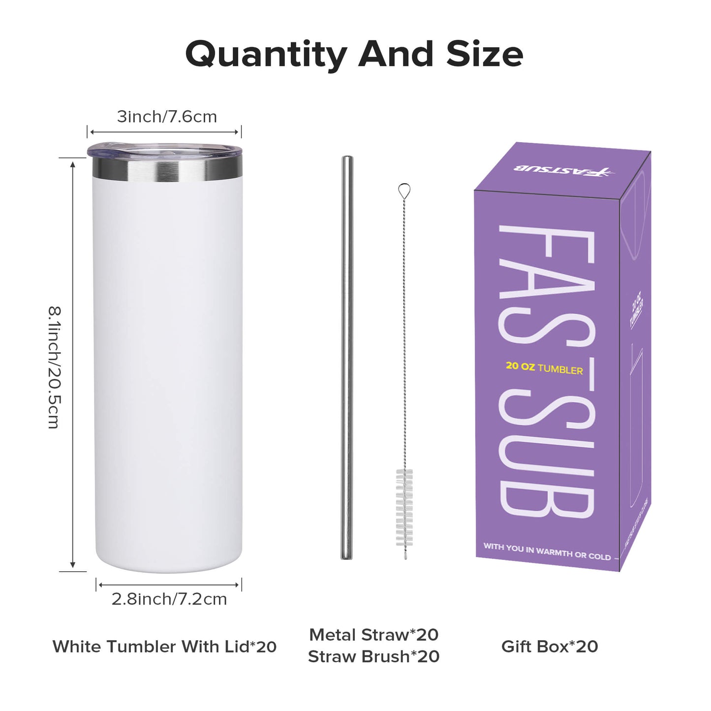 20 oz Powder Coated Skinny Tumbler - White | 20 Pack