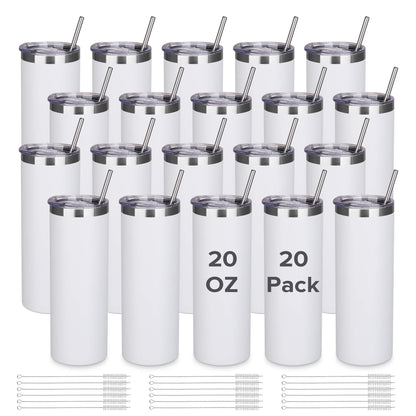 20 oz Powder Coated Skinny Tumbler - White | 20 Pack