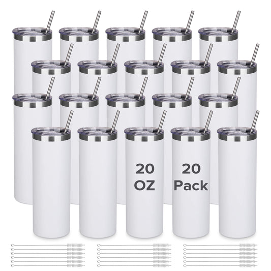 20 oz Powder Coated Skinny Tumbler - White | 20 Pack