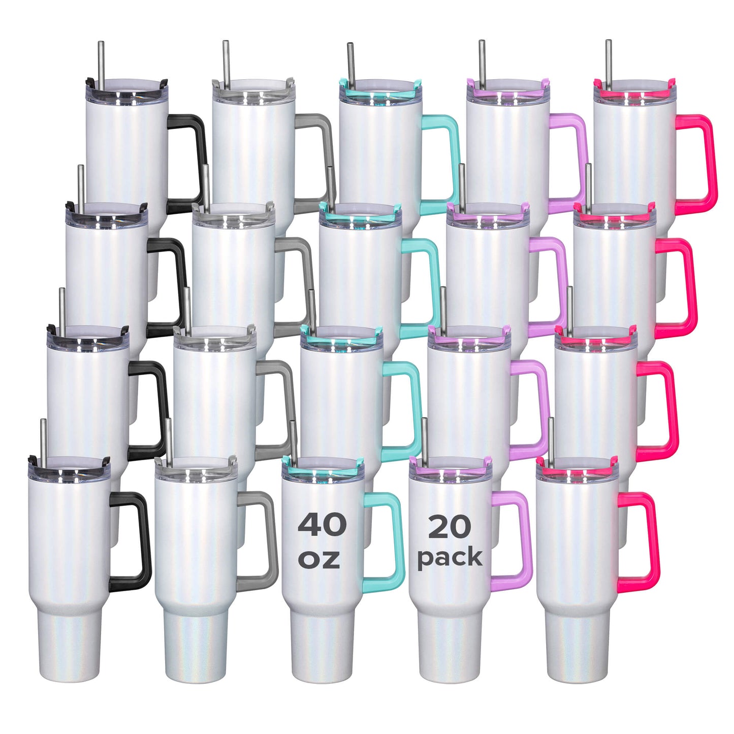 40oz Sublimation Tumbler with Removable Handle - White Glitter Shimmer | 20 Pack