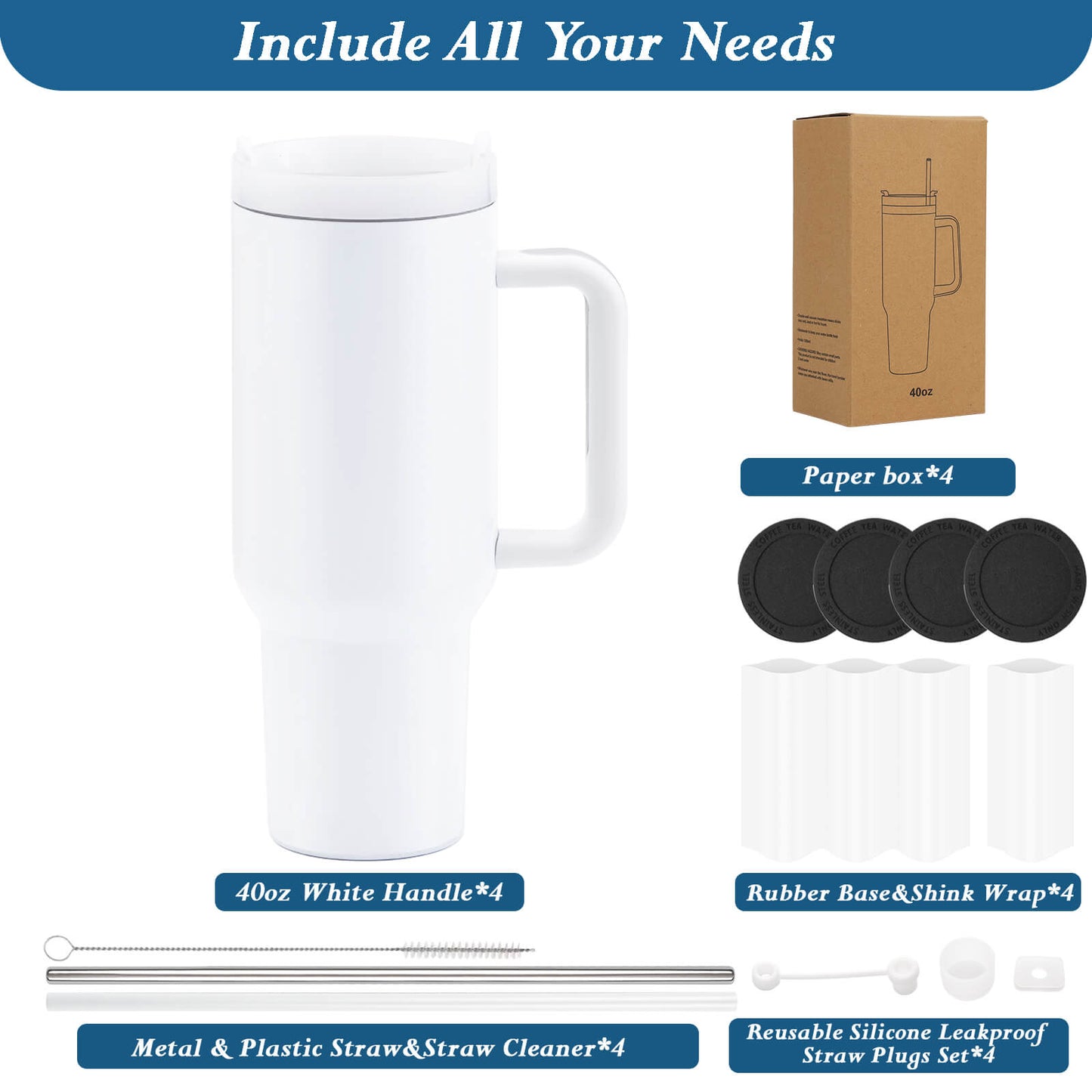 40oz Sublimation Tumbler With White Handle | 4 Pack