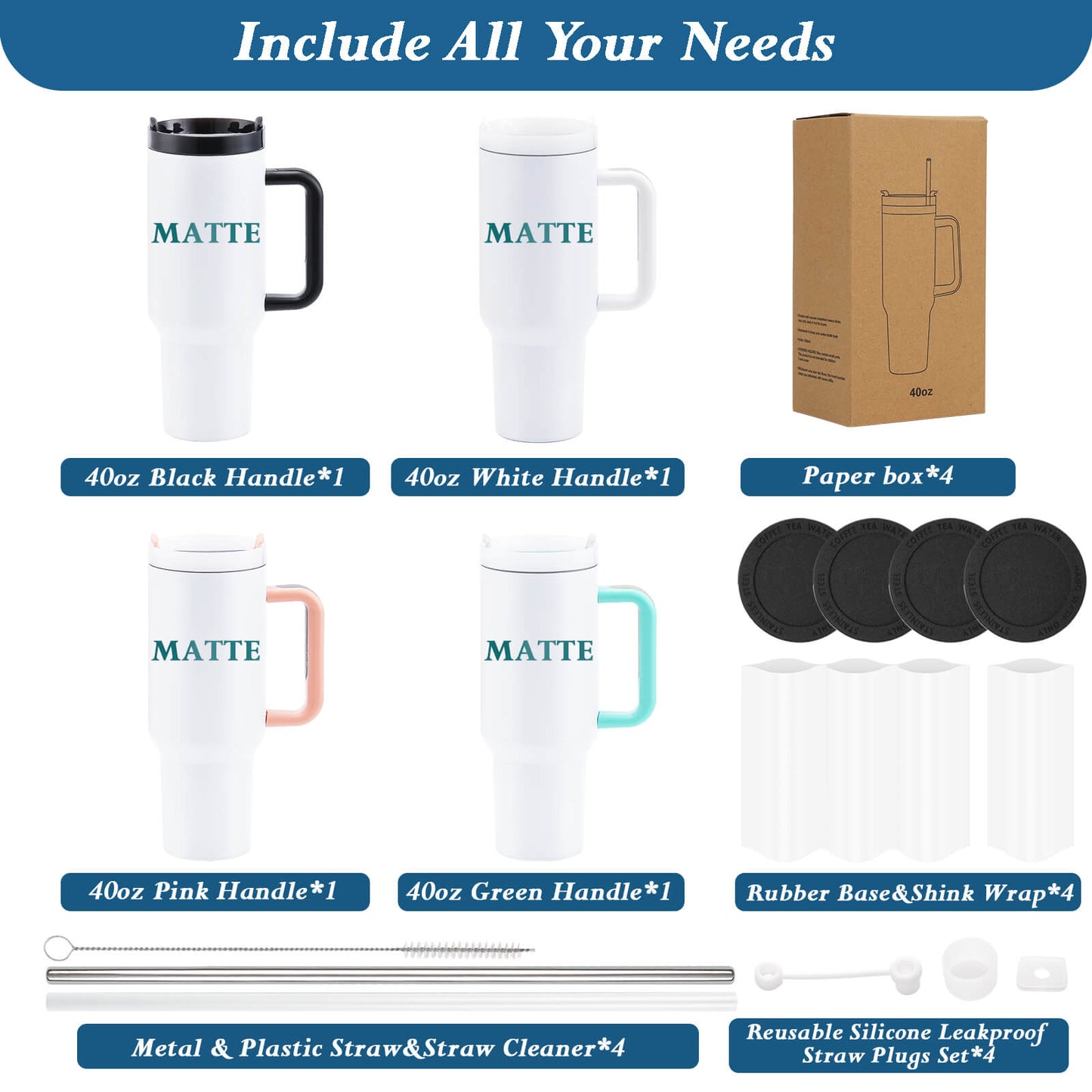 40oz Sublimation Tumbler with Removable Handle - Matte | 4 Pack