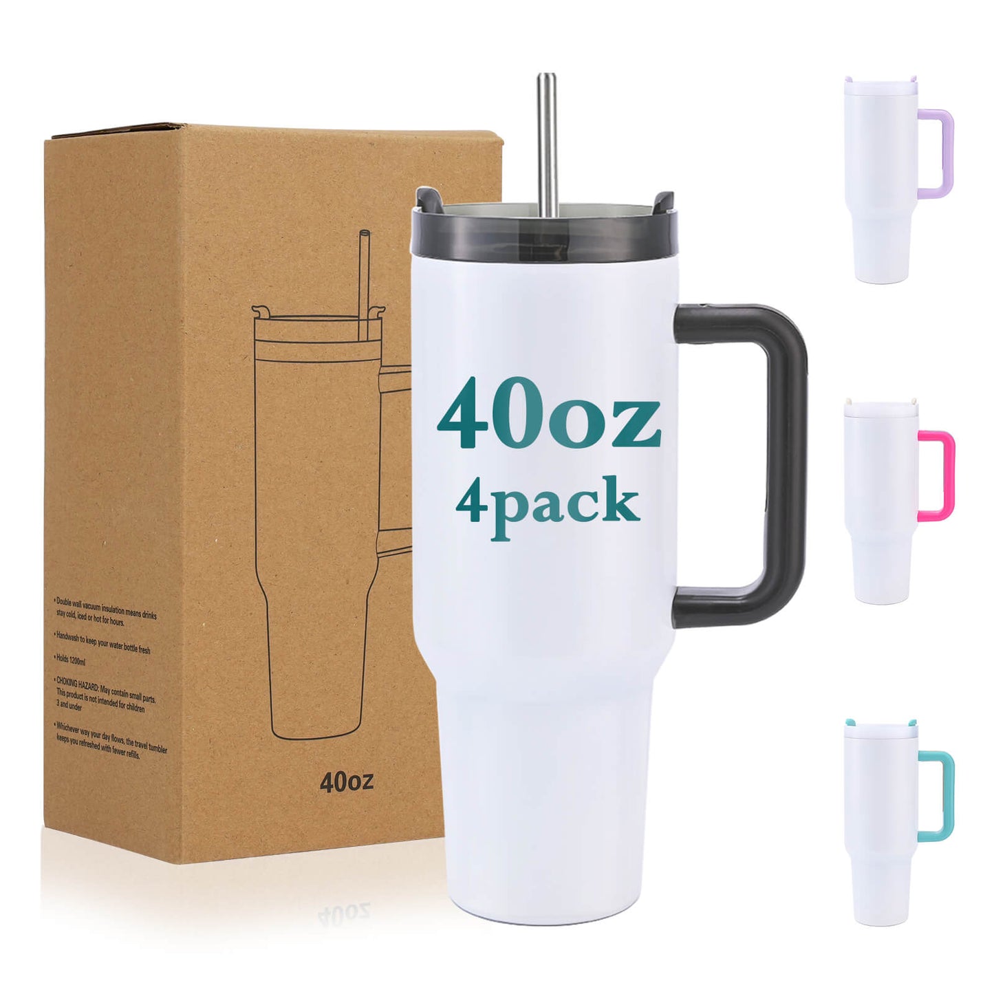 40oz Sublimation Tumbler with Removable Handle | 4 Pack