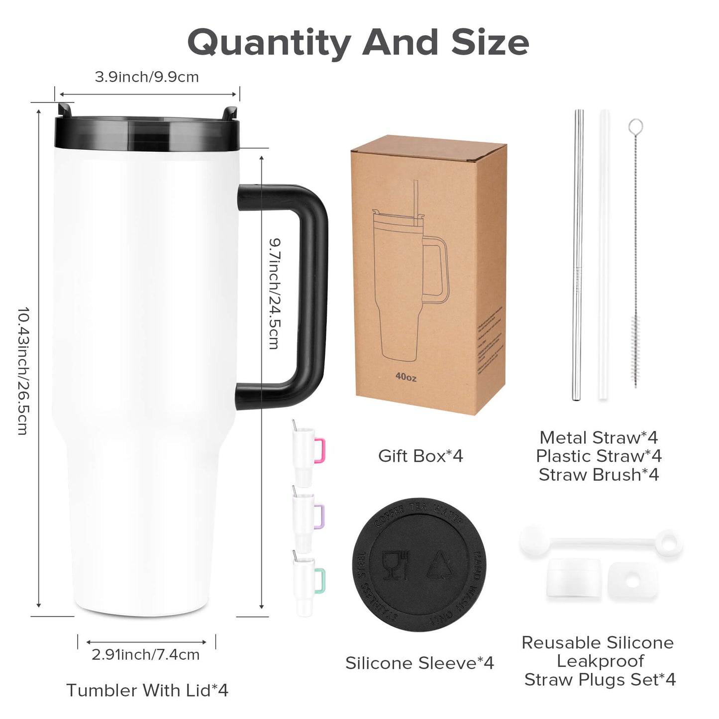 40oz Sublimation Tumbler with Removable Handle | 4 Pack