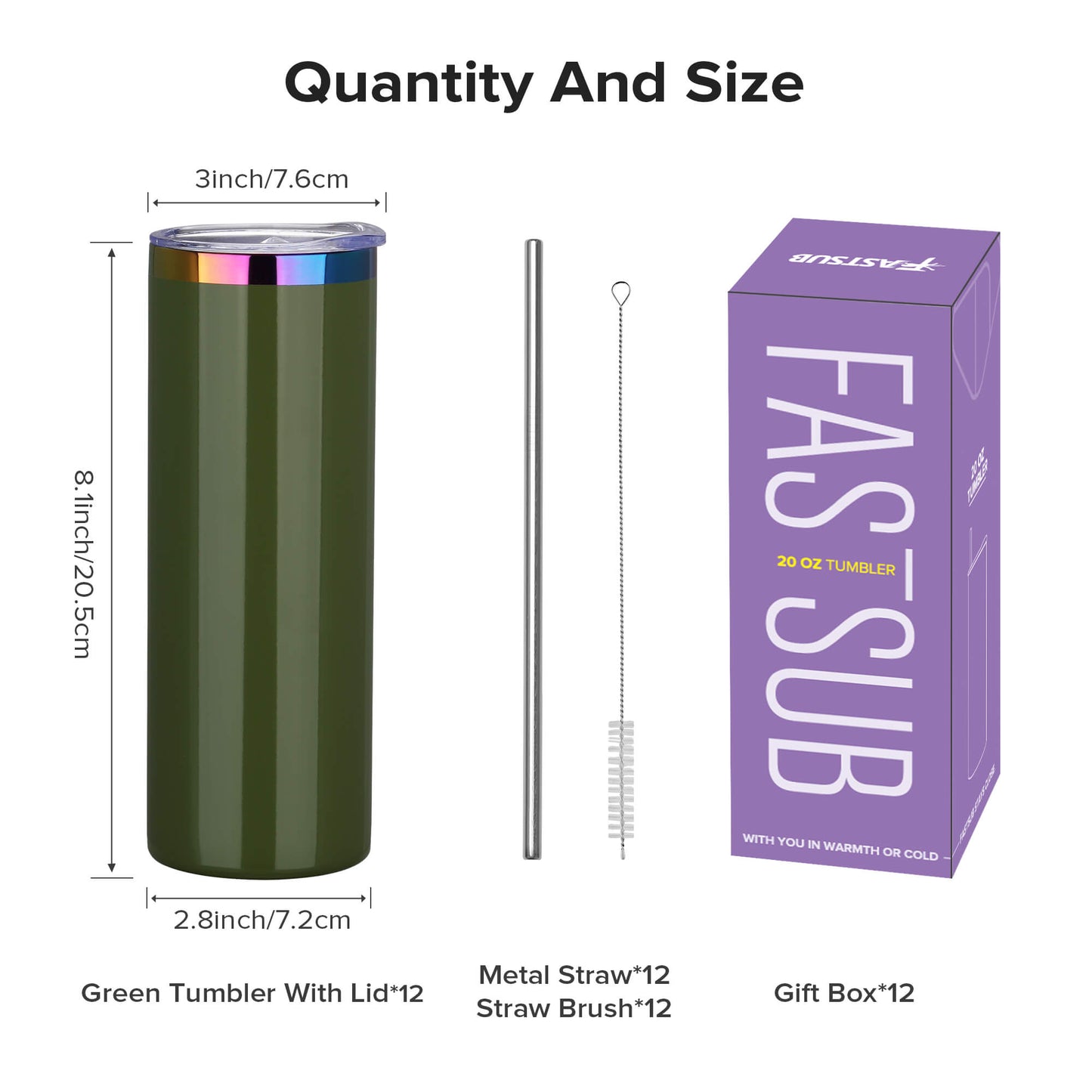20 oz Glossy Coated Skinny Straight Tumbler - Green | 12 Pack