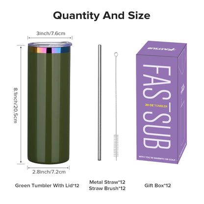 20 oz Glossy Coated Skinny Straight Tumbler - Green | 12 Pack
