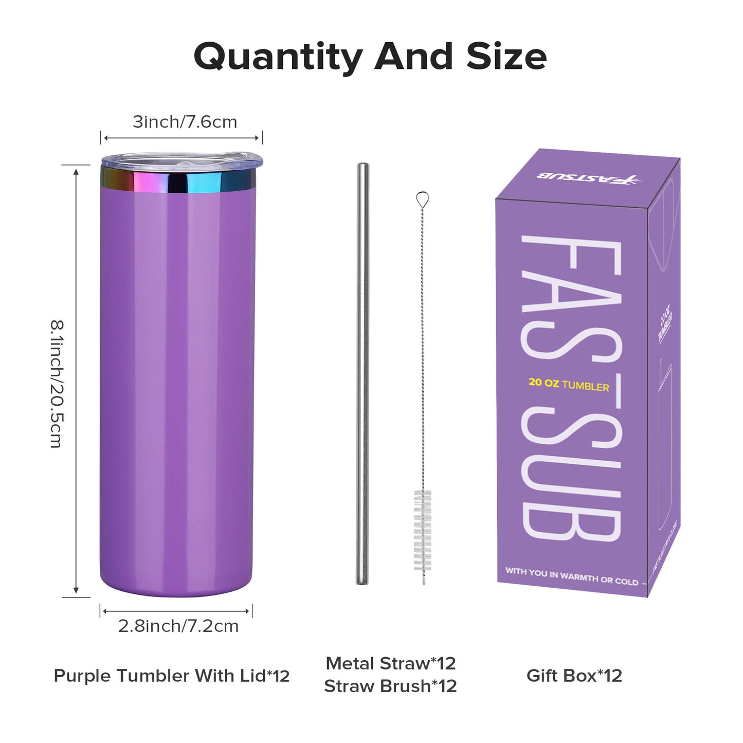 20 oz Glossy Coated Skinny Straight Tumbler - Purple | 12 Pack