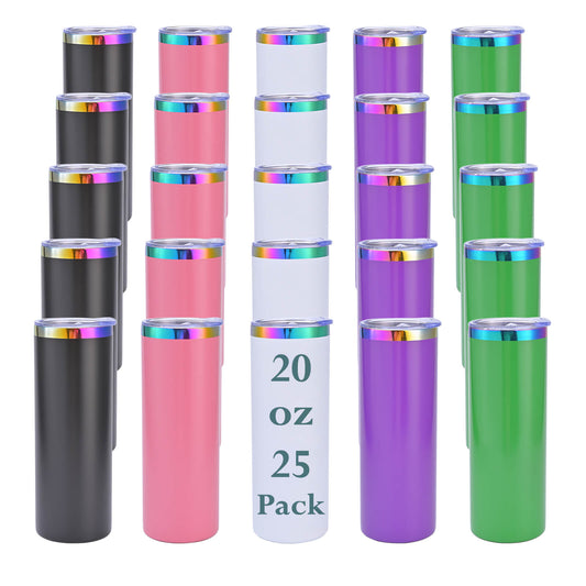 20 oz Powder Coated Skinny Tumbler - Rainbow Color Plated | 25 Pack