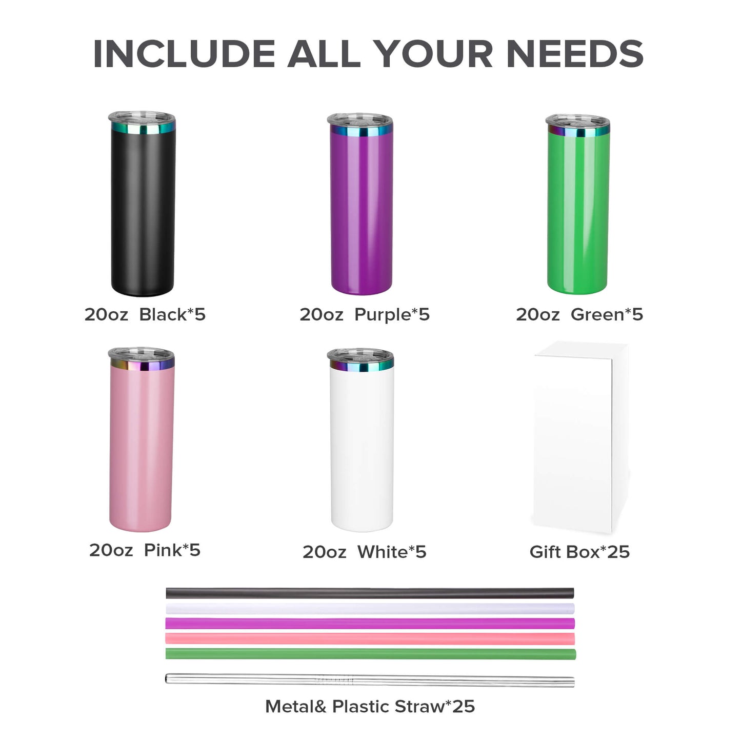 20 oz Powder Coated Skinny Tumbler - Rainbow Color Plated | 25 Pack - FASTSUB
