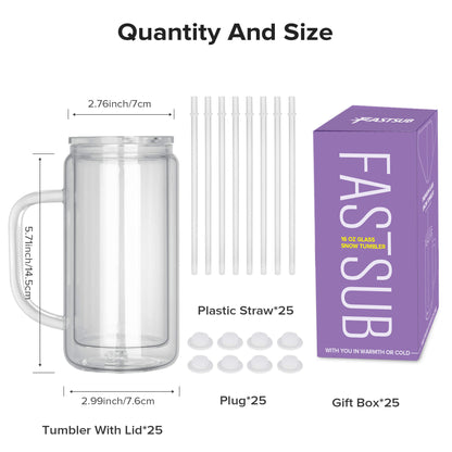 16 oz Snow Globe Glass Tumbler with Handle | 25 Pack