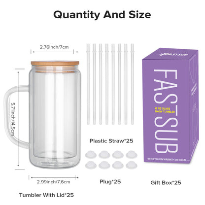 16 oz Snow Globe Glass Tumbler with Handle | 25 Pack