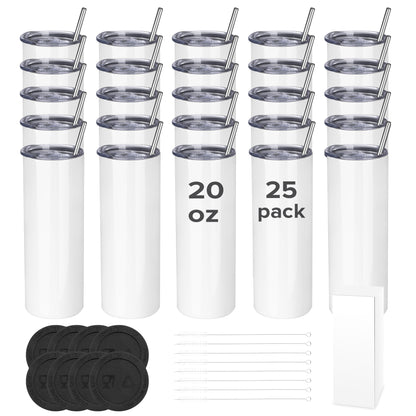 20 oz Skinny Sublimation Tumblers - Metal Straw | 25 Pack