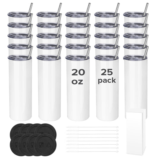 20 oz Skinny Sublimation Tumblers - Metal Straw | 25 Pack