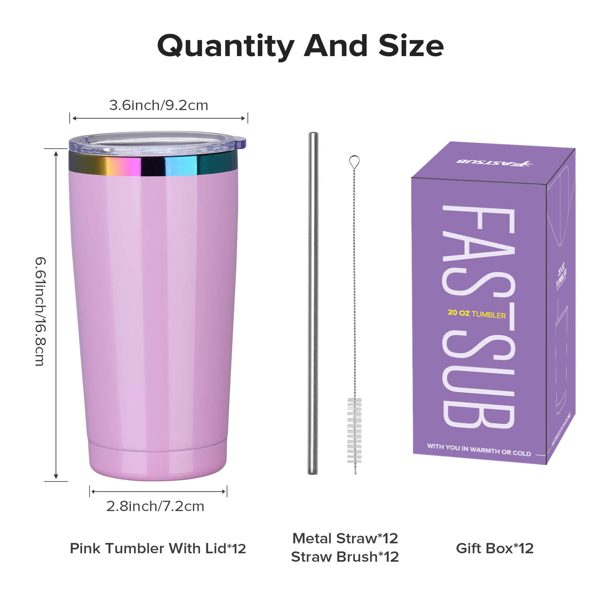 20 oz Stainless Steel Tumbler Rainbow Plated - Pink | 12 Pack - FASTSUB