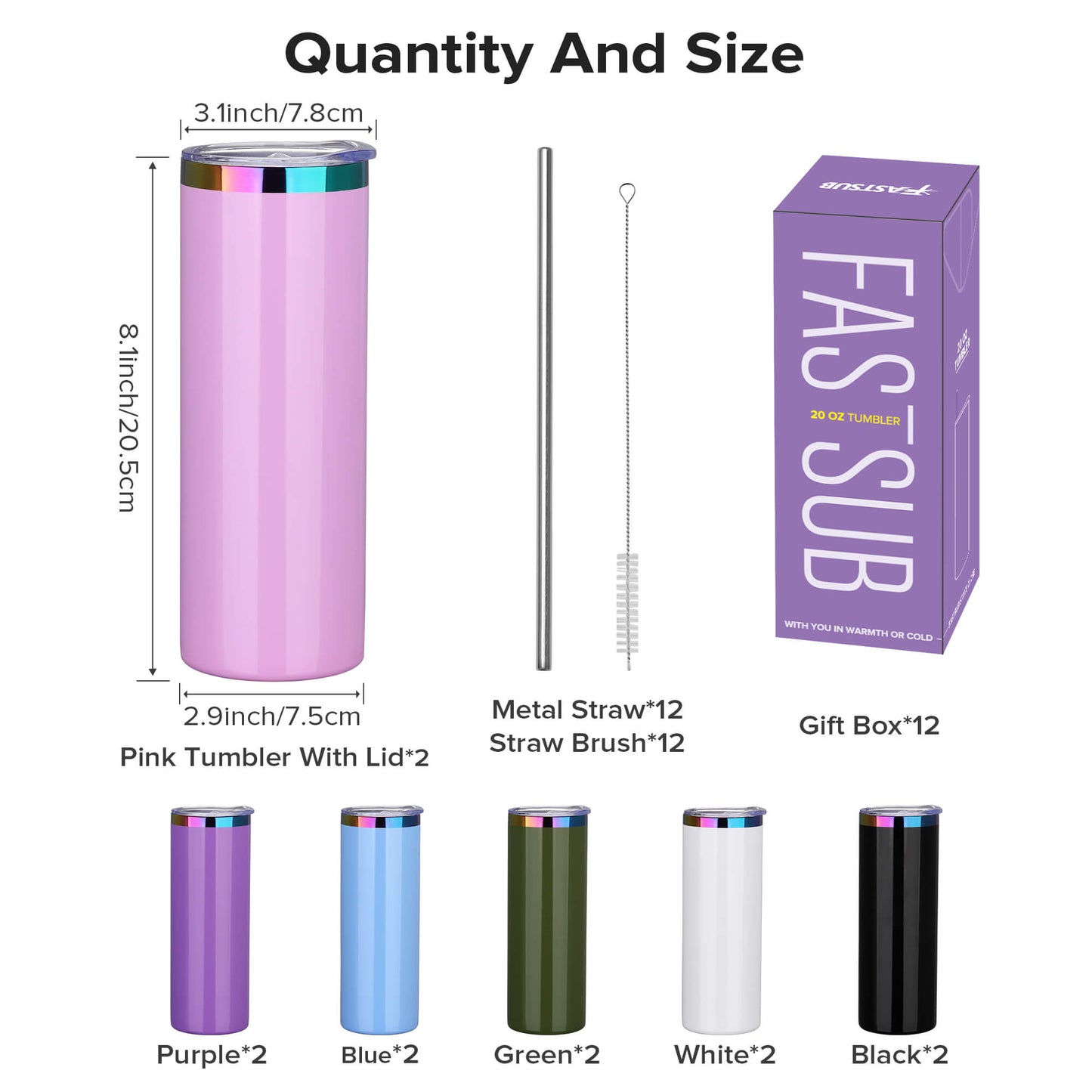 20 oz Glossy Coated Skinny Straight Tumbler - Mixed Color | 12 Pack