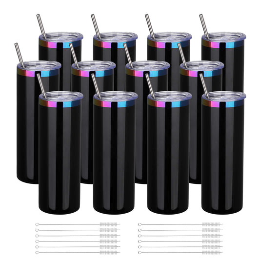 20 oz Glossy Coated Skinny Straight Tumbler - Black | 12 Pack