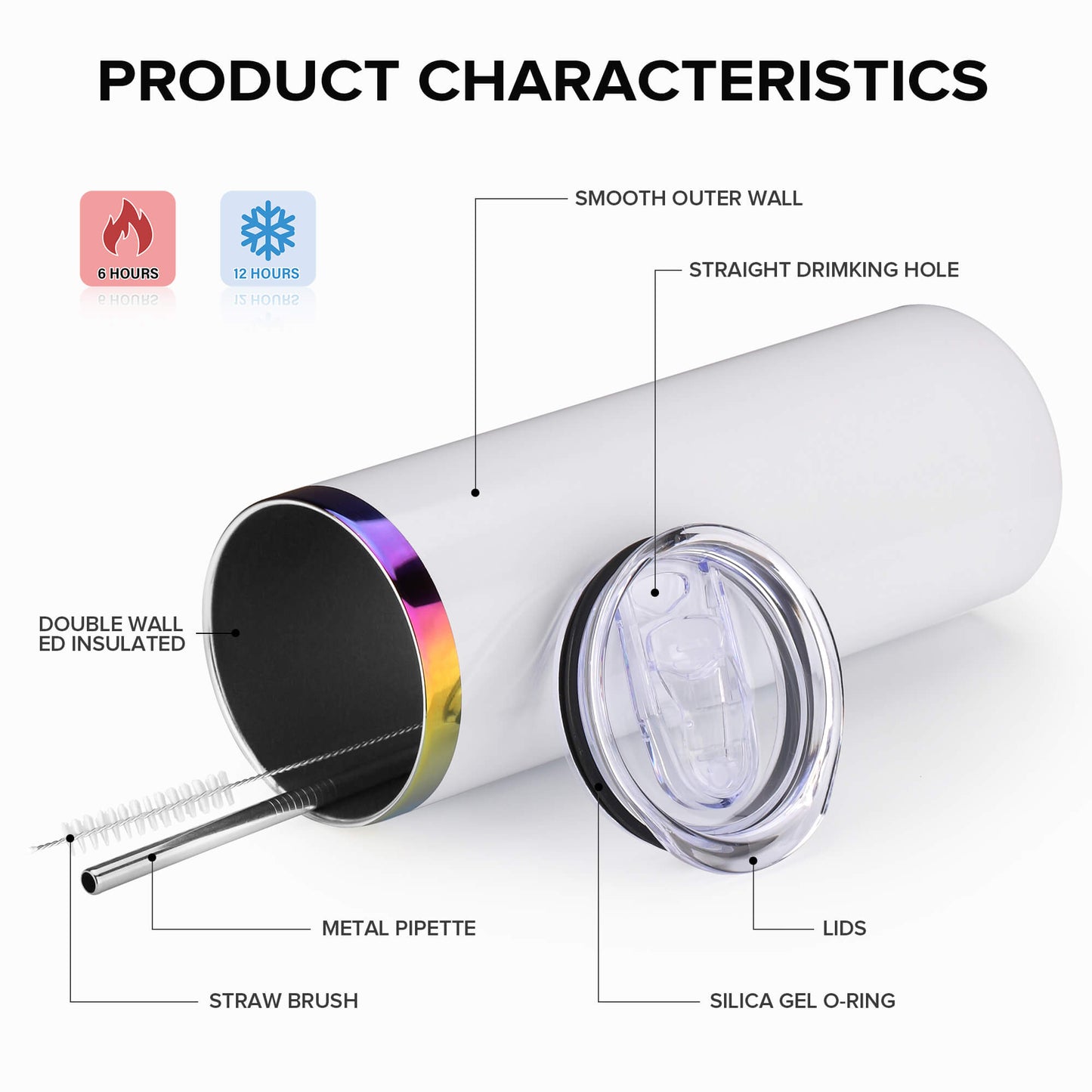20 oz Glossy Coated Skinny Straight Tumbler - White | 12 Pack