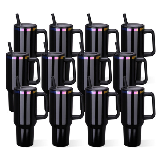 40 oz Glossy Coated Tumbler with Flip Straw - Black | 12 Pack