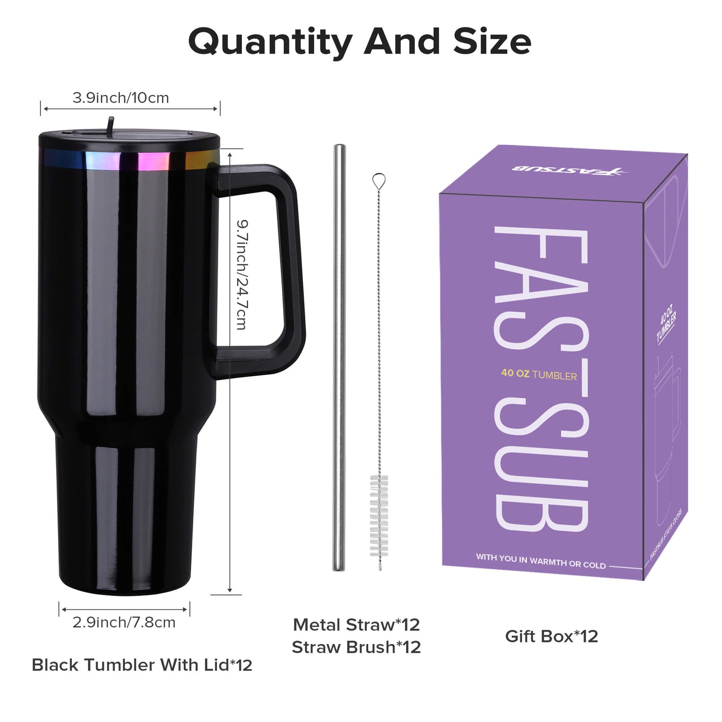 40 oz Glossy Coated Tumbler with Flip Straw - Black | 12 Pack