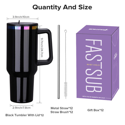 40 oz Glossy Coated Tumbler with Flip Straw - Black | 12 Pack