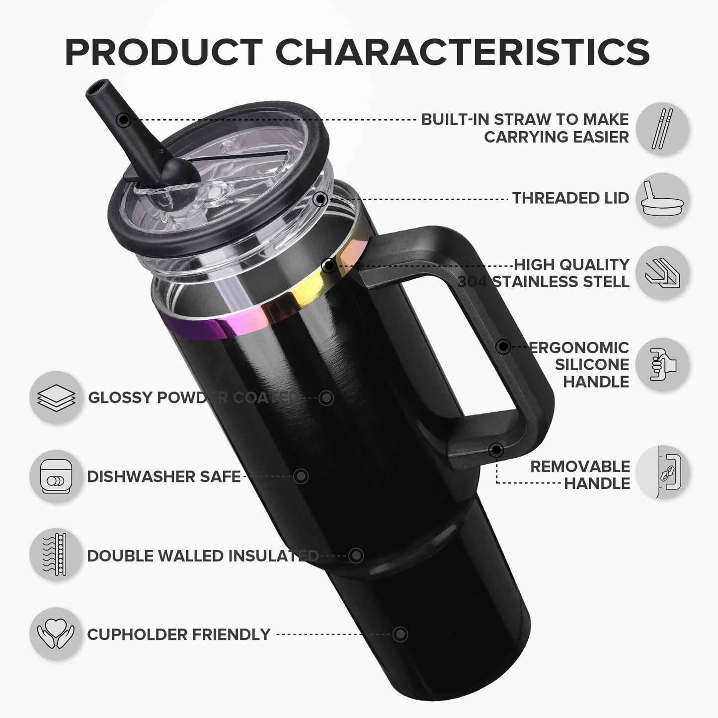40 oz Glossy Coated Tumbler with Flip Straw - Black | 12 Pack