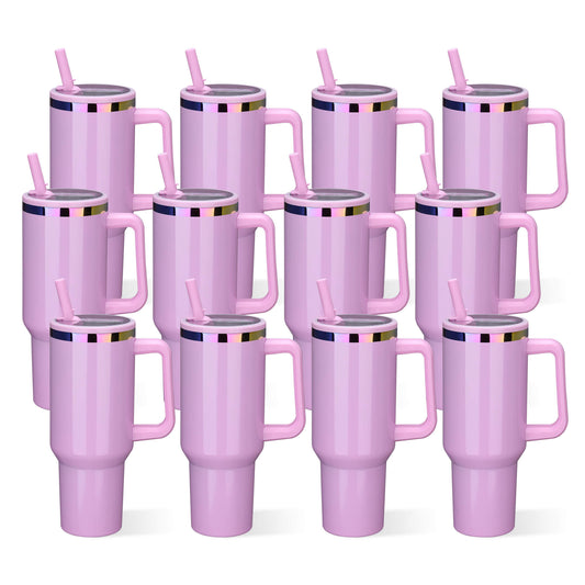 40 oz Glossy Coated Tumbler with Flip Straw - Pink | 12 Pack