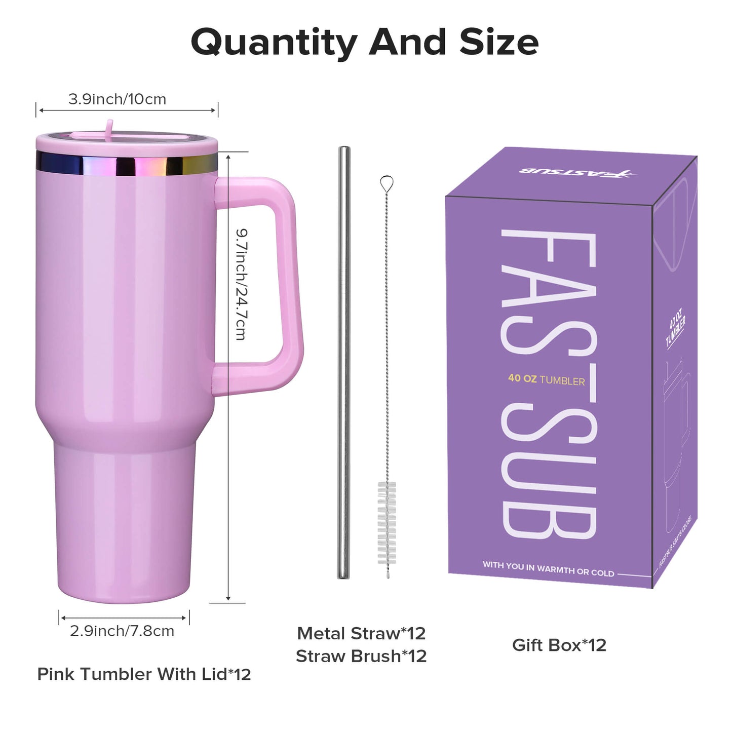 40 oz Glossy Coated Tumbler with Flip Straw - Pink | 12 Pack