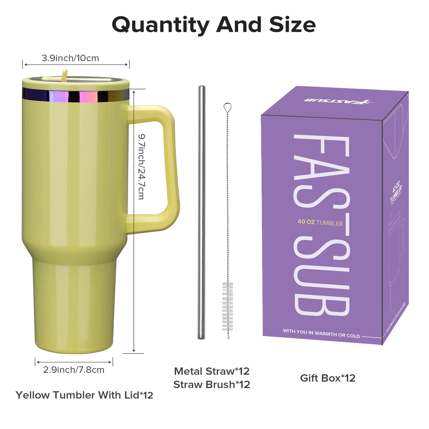 40 oz Glossy Coated Tumbler with Flip Straw - Yellow | 12 Pack