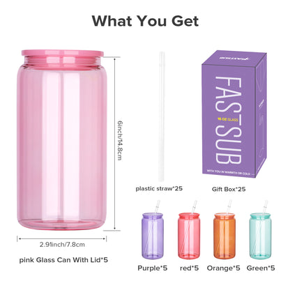 16 oz Color Sublimation Glass Cup - Plastic Lid | 25 Pack